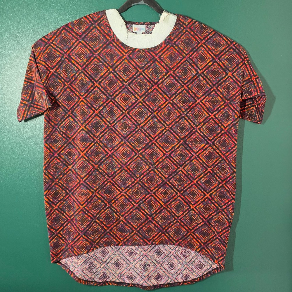 LuLaRoe Irma Tunic Top Large Womens Orange Purple Geometric Diamond High Low Hem